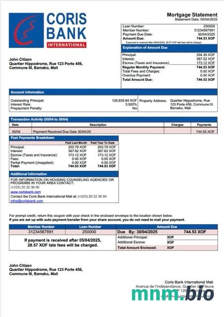 Mali Coris Bank International Mali wyciąg z kredytu hipotecznego szablon Word i PDF